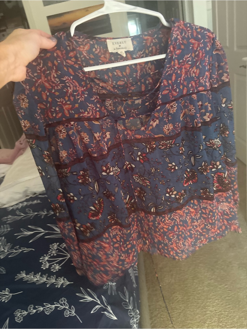 Everly Floral Ruffle-Neck Blue and Pink Girls' Long-Sleeve Top